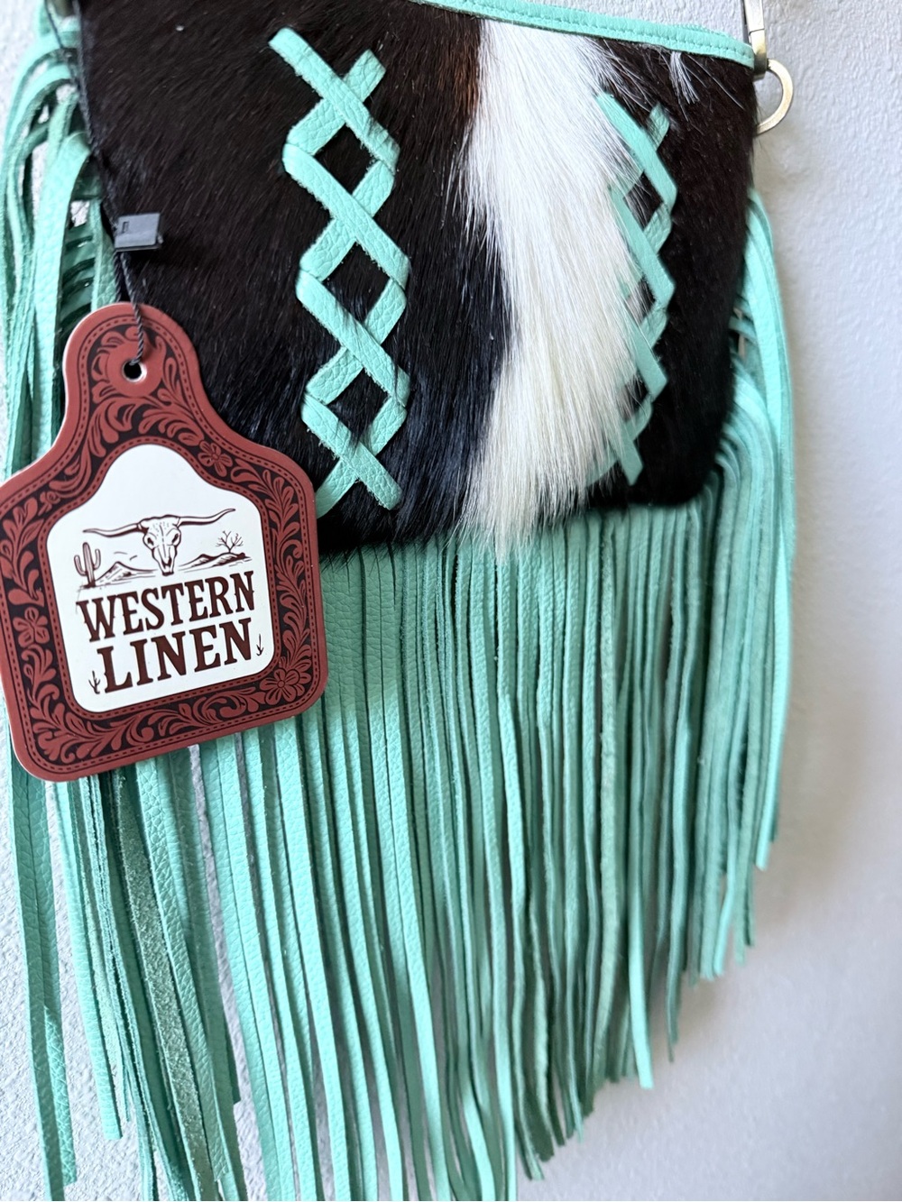 Turquoise Fringe Crossbody Haircalf Leather Festival Cowgirl Crossbody Bag - Picture 3 of 8